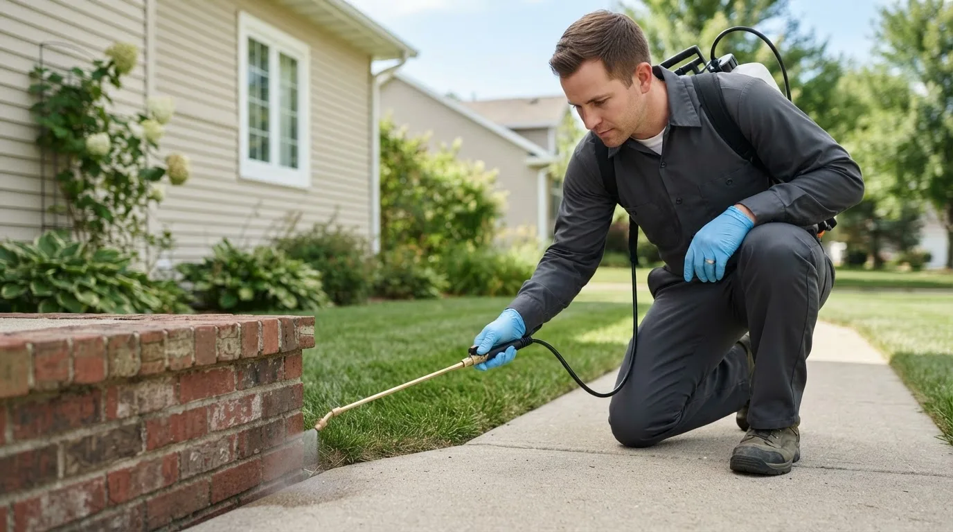 Pest control technician treating a home near Mount Angel, OR